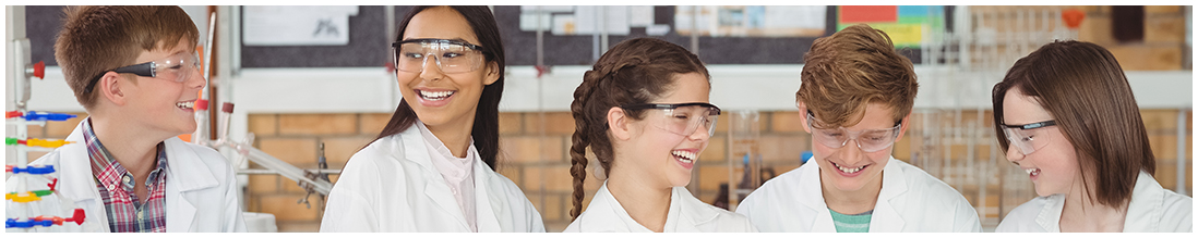 five students in lab coats